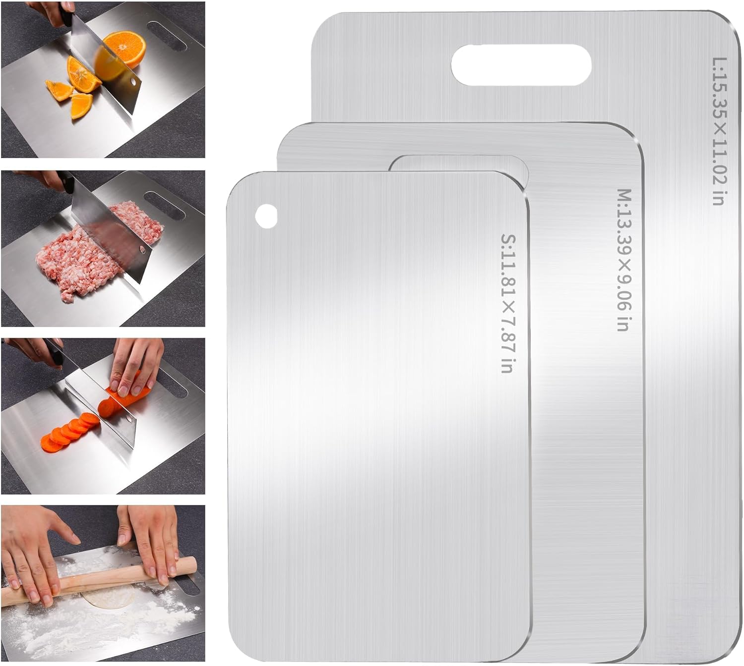 Stainless Steel Cutting Board, 3 PCS Cutting Boards for Kitchen, 304 Stainless Non Stick Chopping Cutting Board for Meat Fruit & Vegetable, Dishwasher Safe (15.3 x 11, 13.4 x 9, 11.8 x 7.9 in)