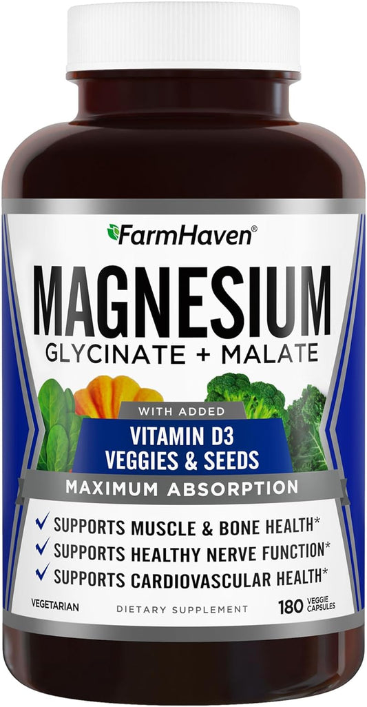 FarmHaven Magnesium Glycinate & Malate Complex w\/Vitamin D3, 100% Chelated for Max Absorption, Vegetarian \u2013 Bone Health, Nerves, Muscles, 180 Capsules, 90 Days