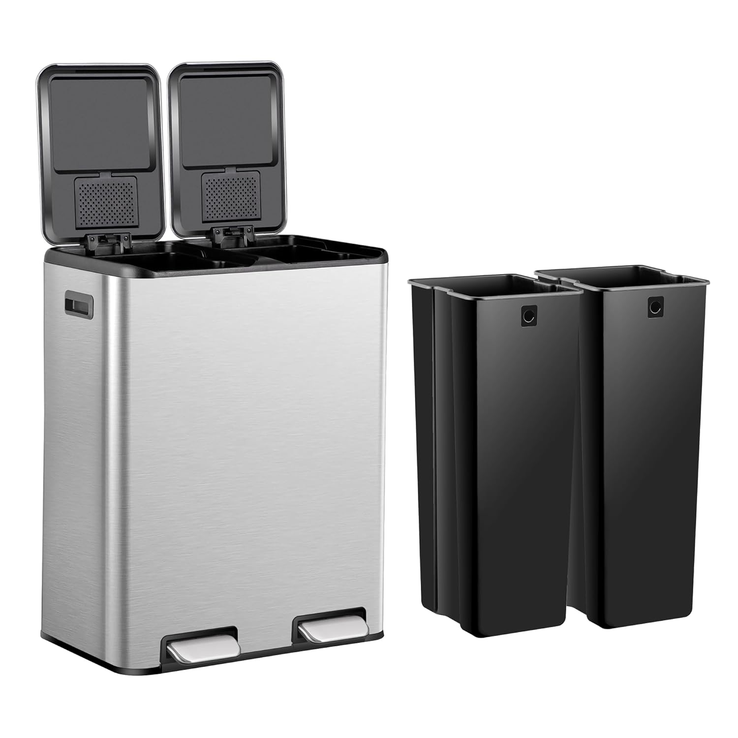 SUPER DEAL Kitchen Trash Can 16 Gallon 60L Dual Stainless Steel Garbage and Recycling Can with Foot Pedal for Kitchen, Living Room, Office, Removable Inner Buckets Soft Close Lid Odor Proof, Silver