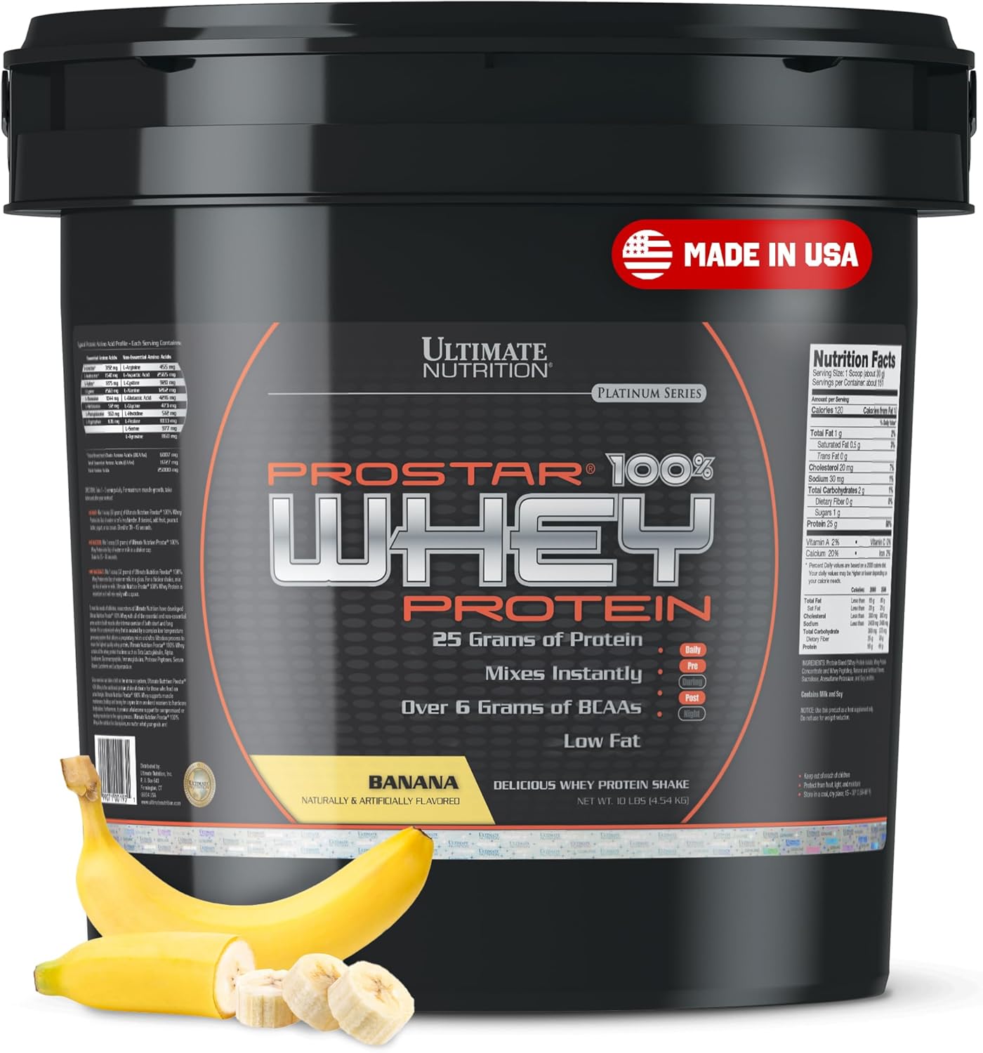 Ultimate Nutrition Prostar Whey Protein Powder Isolate, Banana - Low Carb, High Protein Powder Shake for Muscle Gain & Recovery - Low Sodium, Low-Fat & Keto Friendly - 10 lbs Bucket