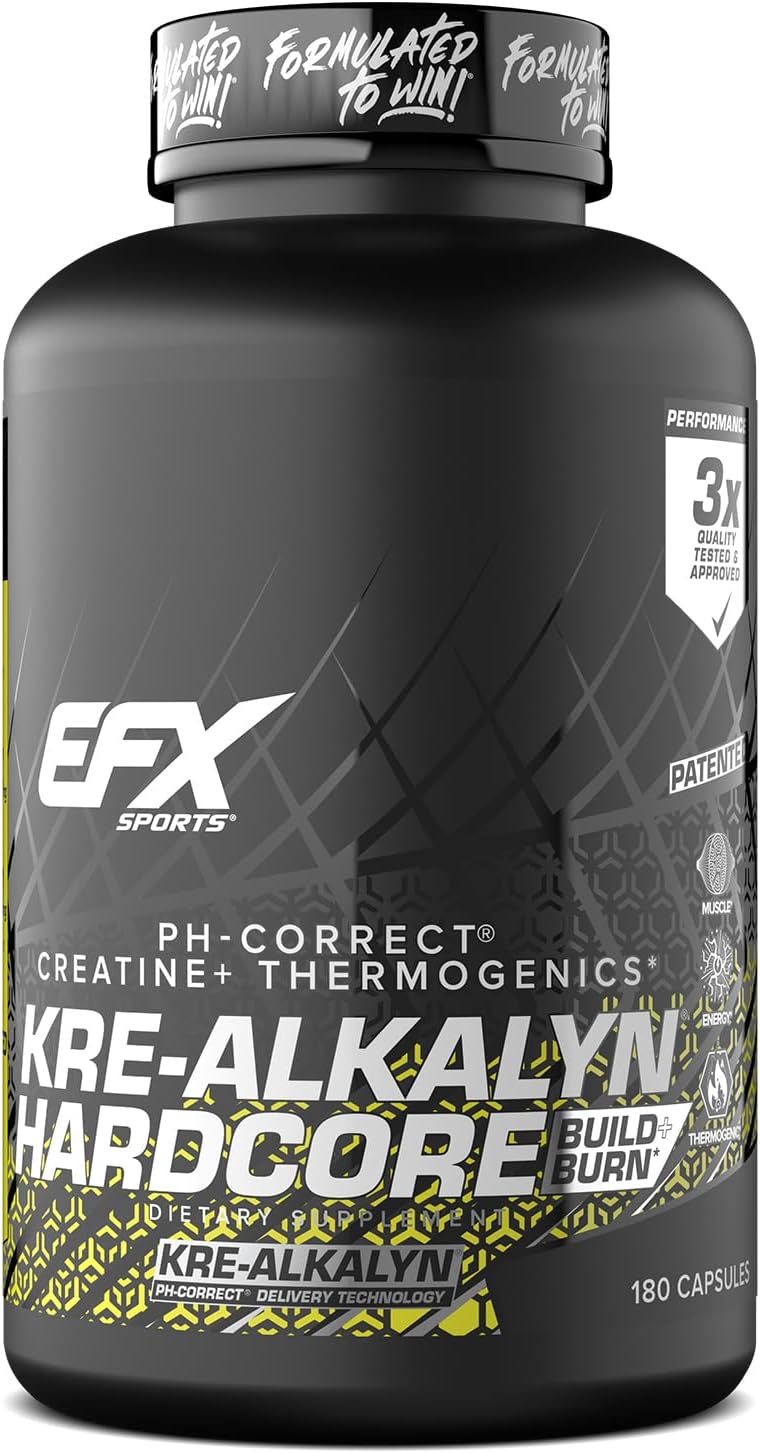 EFX Sports Kre-Alkalyn Hardcore | Thermogenic pH Correct Creatine Monohydrate Pill Supplement | Energy & Strength Pre Workout | 60 Servings, 180 Capsules