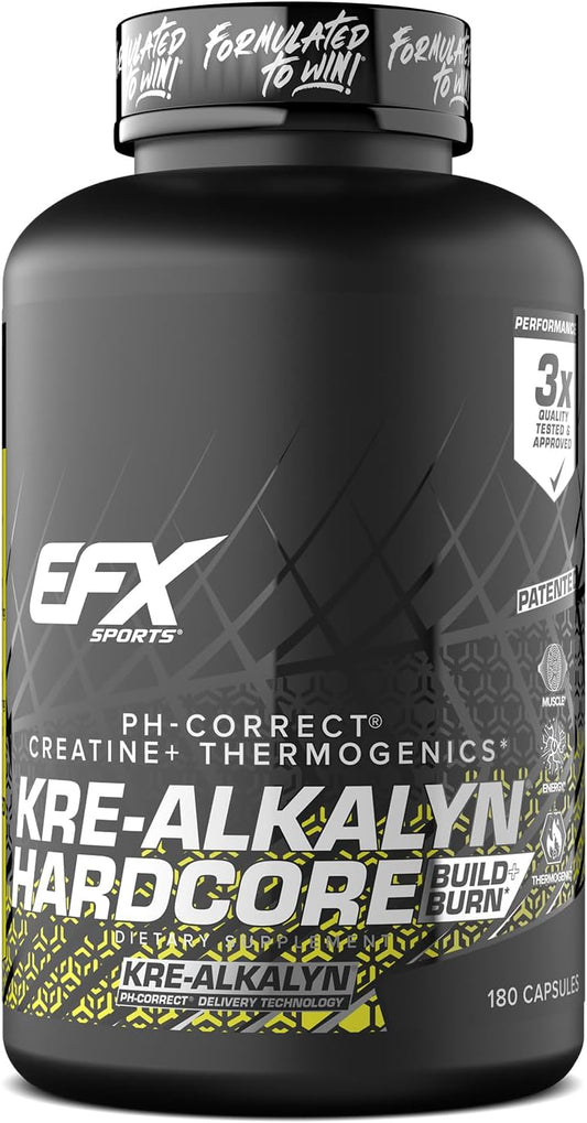 EFX Sports Kre-Alkalyn Hardcore | Thermogenic pH Correct Creatine Monohydrate Pill Supplement | Energy & Strength Pre Workout | 60 Servings, 180 Capsules