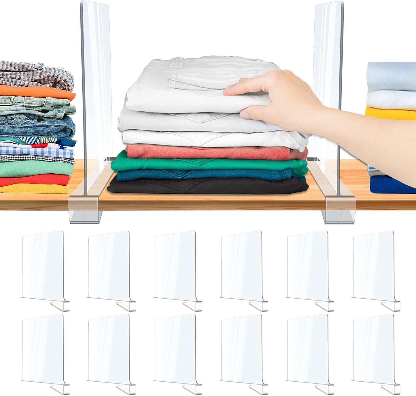 12 Pack Acrylic Shelf Dividers, Clear Shelf Divider for Closet Organization, Closet Shelf Separators for Clothes\/Purses, Wood Shelves Organizers in Bedroom, Kitchen, Office, Cabinets, Bathroom Storage
