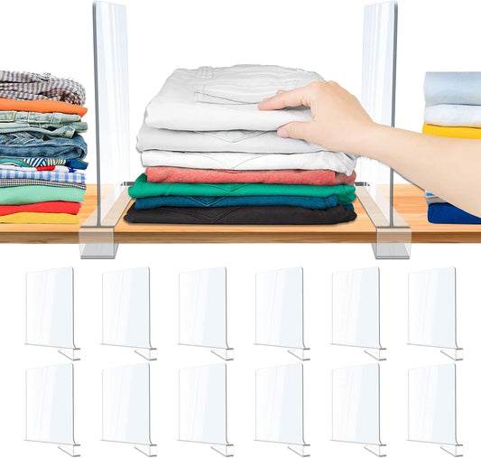12 Pack Acrylic Shelf Dividers, Clear Shelf Divider for Closet Organization, Closet Shelf Separators for Clothes\/Purses, Wood Shelves Organizers in Bedroom, Kitchen, Office, Cabinets, Bathroom Storage