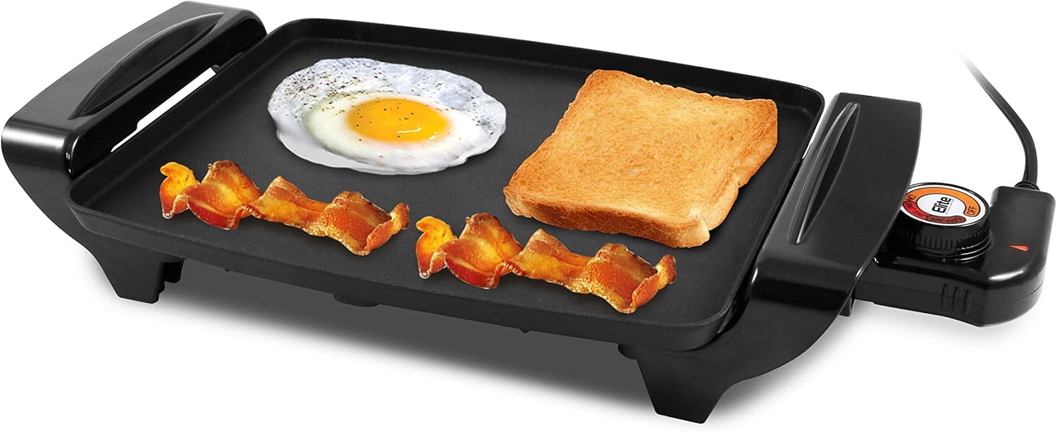 Elite Gourmet EGR-2722B Electric 10.5" x 8.5" Griddle, Cool-touch Handles Non-Stick Surface, Removable\/Adjustable Thermostat, Skid Free-Rubber Feet, Black