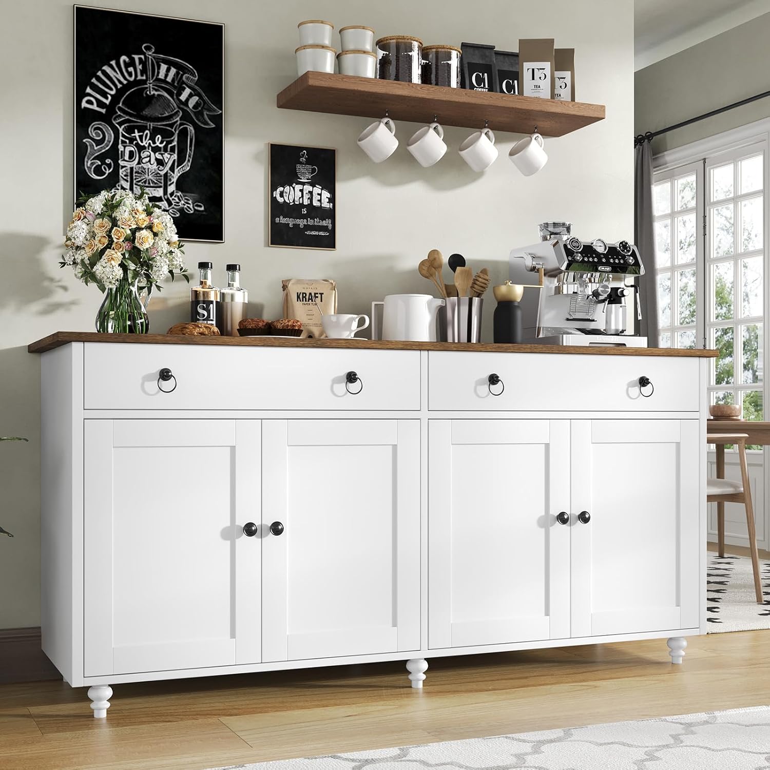 4 EVER WINNER Buffet Cabinet with Storage, 55" Sideboard Buffet Cabinet with 2 Drawers and 4 Doors, Modern Farmhouse Coffee Bar Cabinets, Wood Buffet Table for Kitchen, Dining Room, White