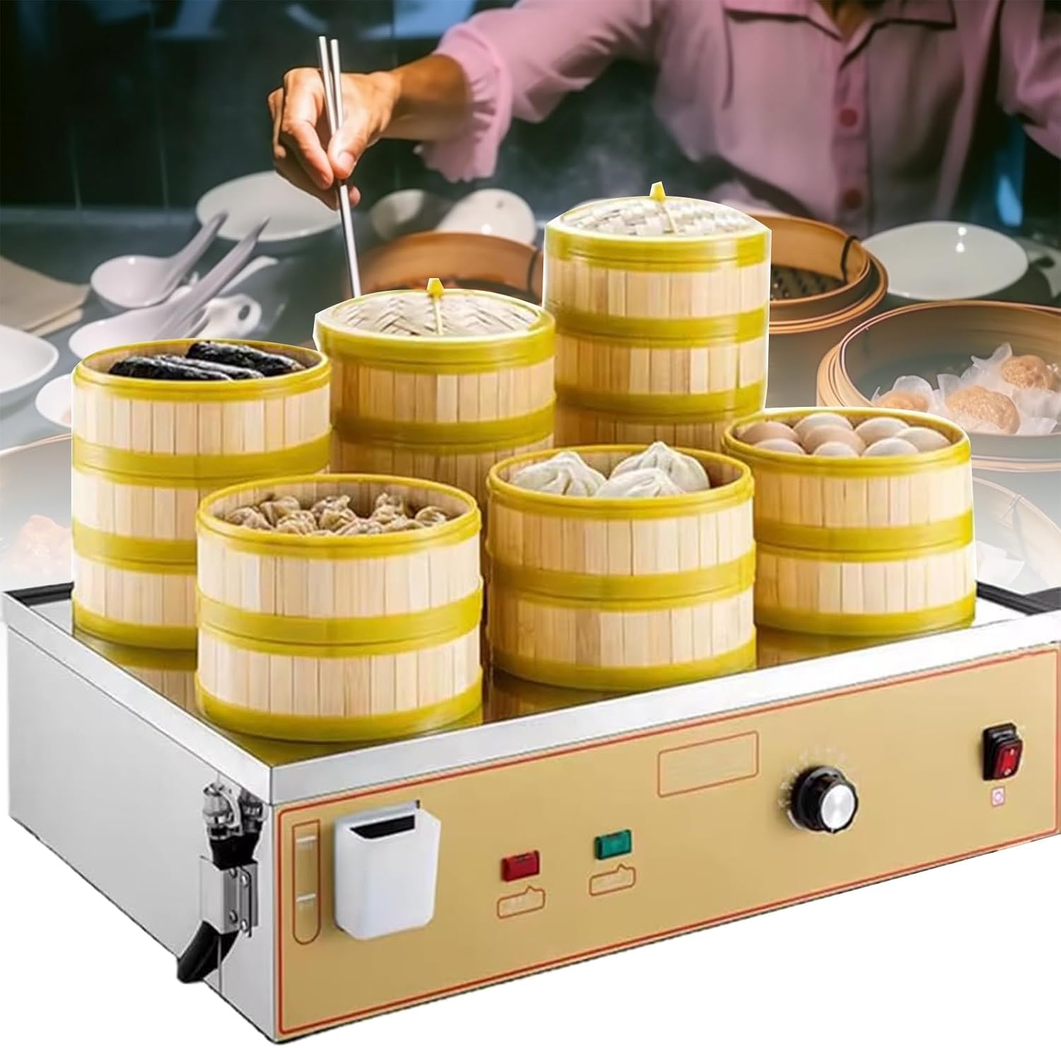 Commercial Food Steamer,Stainless Steel Home Food Steaming Machine,2/4/6 Hole Electric Steamer with Dry Boiling Alarm Stainless Steel U-Tube Heating for Kitchen Cooking Dishes,Six-Hole