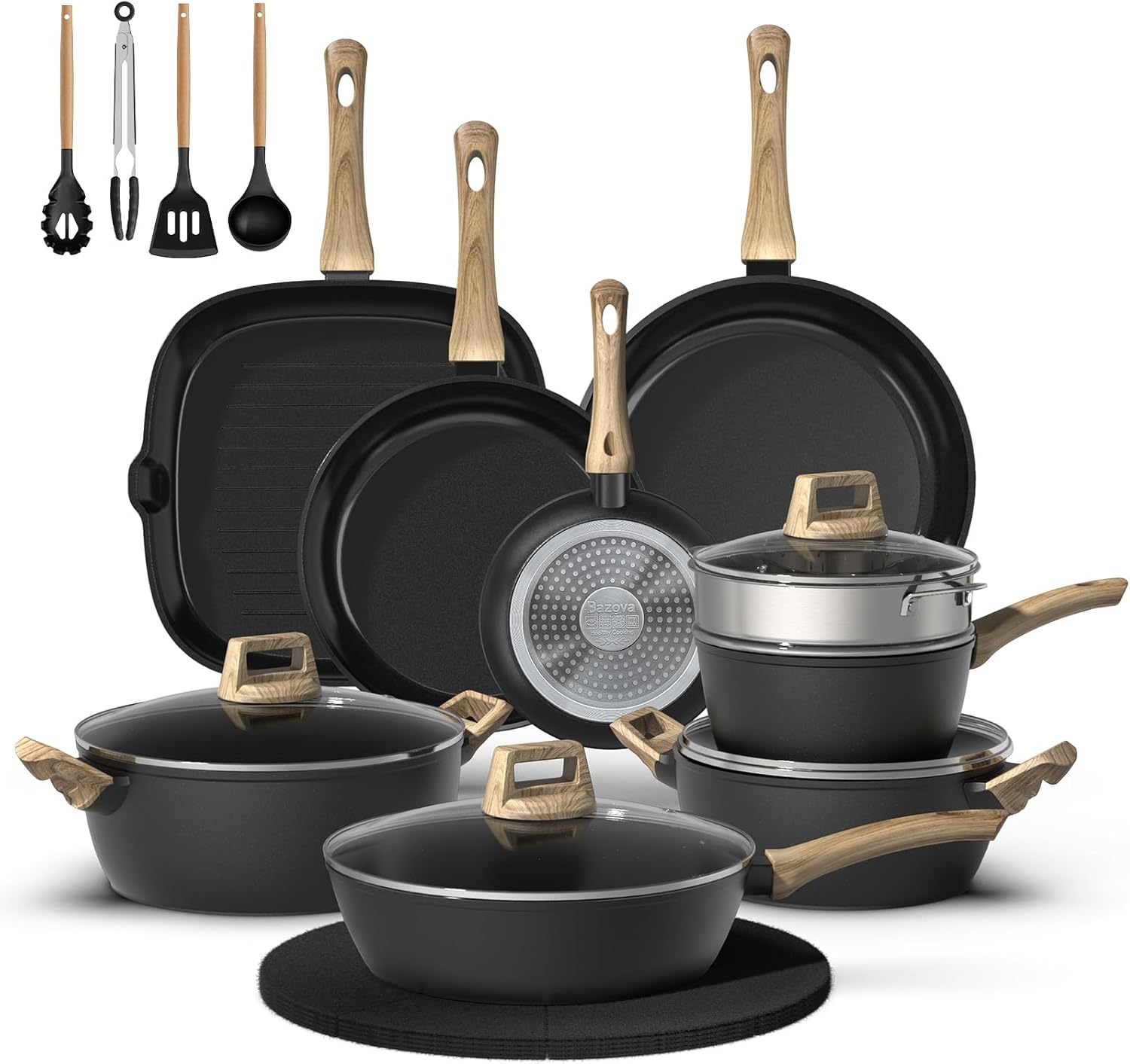 23 Pcs Pots and Pans Set, Non Stick Ceramic Cookware Set with 3 Frying Pans, Healthy Non-Toxic, Large Capacity,Induction Compatible, PFAS/PTFE/PFOA Free, Black
