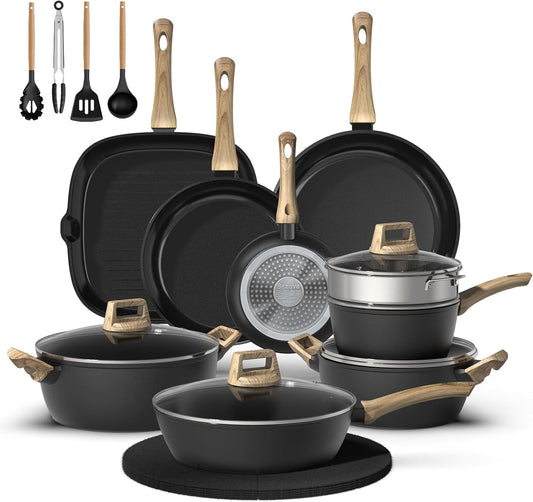 23 Pcs Pots and Pans Set, Non Stick Ceramic Cookware Set with 3 Frying Pans, Healthy Non-Toxic, Large Capacity,Induction Compatible, PFAS/PTFE/PFOA Free, Black