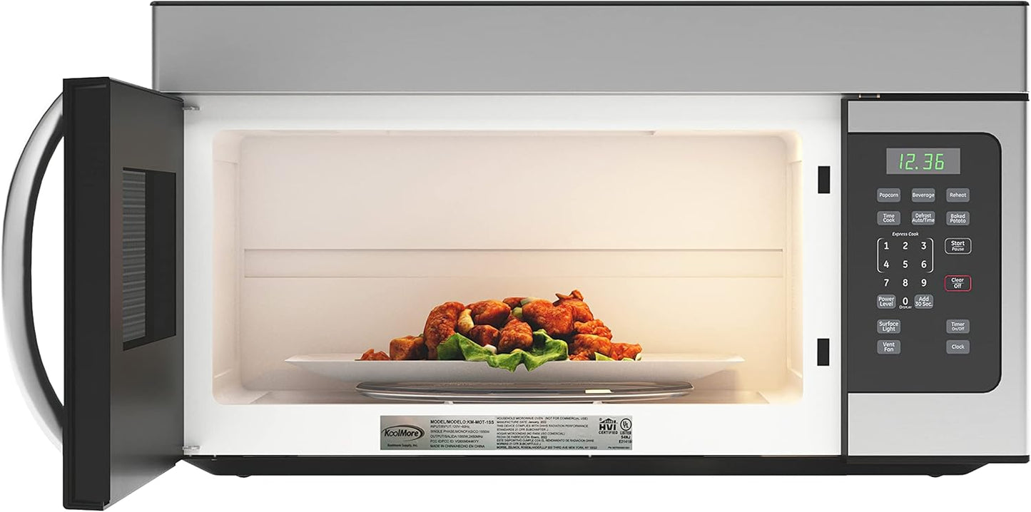 KoolMore 1.6 Cu. Ft. Over the Range Microwave Oven with Oven Lamp and 300CFM Recirculation Vent Hood Function, Auto Cook Menus, Reheat Function, 10 Power Levels, Timer, and Weight Defrost (KM-MOT-1SS)