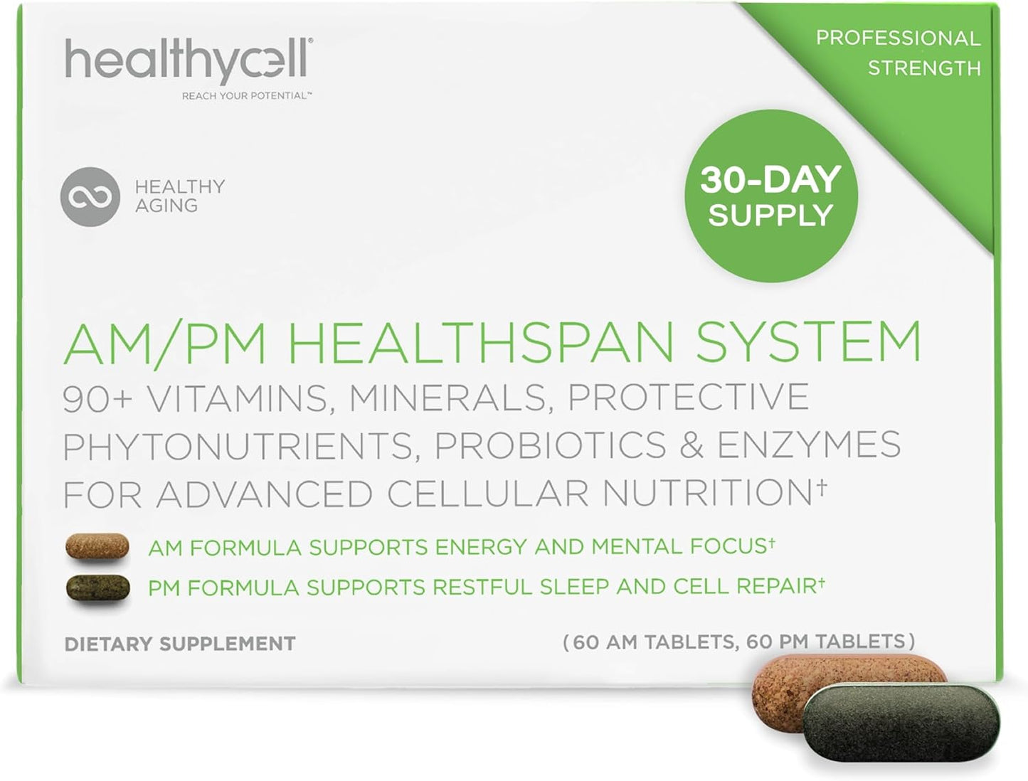 HealhtyCell AM/PM Healthspan System - 90+ Vitamins, Minerals, Protective Phytonutrients, Probiotics & Enzymes for Advanced Cellular Nutrition - 60 AM Tablets & 60 PM Tablets