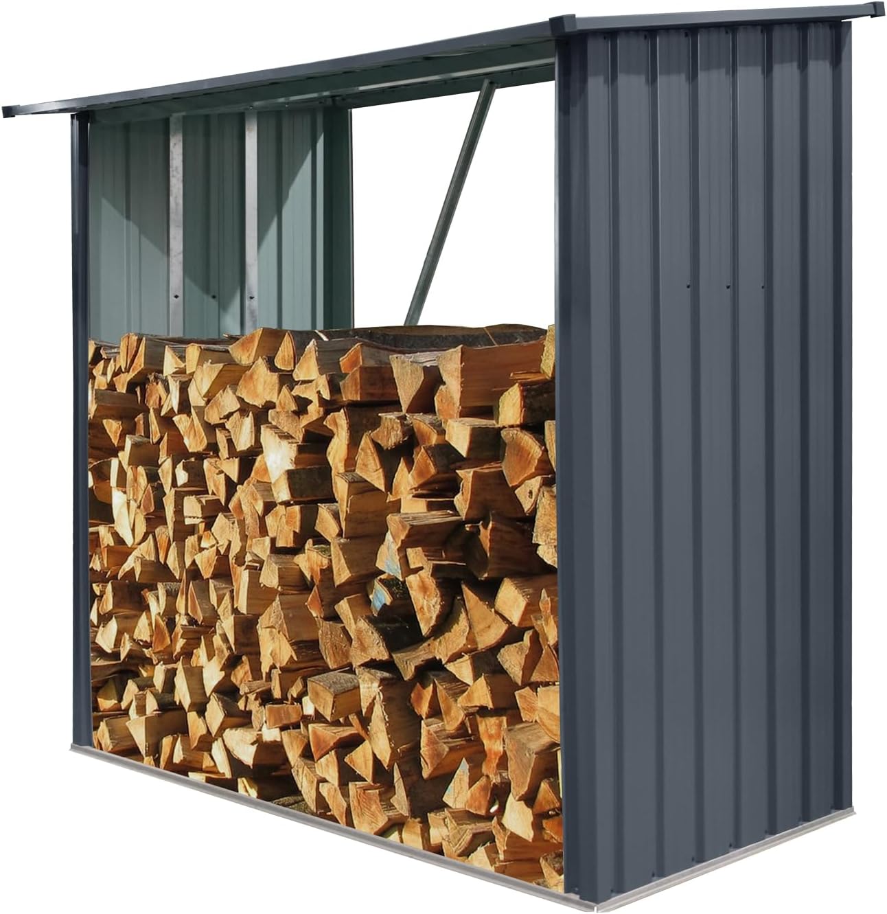 Outdoor Firewood Storage Rack, Galvanized Metal Log Holder with Sloped Rain-Shedding Roof, Ventilated Sides, Reinforced Base, Anti-Rust Construction, Open Front Access for Stacking (Black,3x7FT)