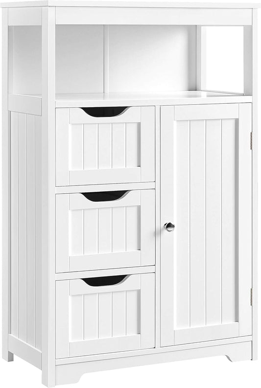 Yaheetech Bathroom Floor Cabinet Wooden Storage Organizer with 1 Door and 3 Drawers, Free-Standing Cupboard for Kitchen\/Living Room\/Bathroom Use, White