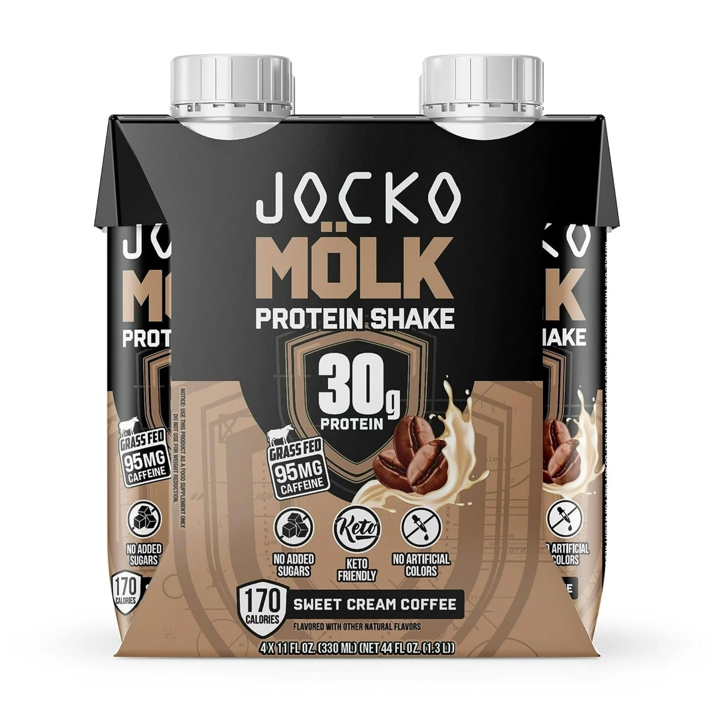 Jocko-Fuel Protein Shake, 2 Box with 4 Bottle - Ready to Drink, Grass-Fed Whey, No Artificial Sweeteners, Keto-Friendly, Low-Carb, High-Protein, Meal Replacement, Recovery, Fitness (11 Fl Oz, Sweet Cream Coffee)