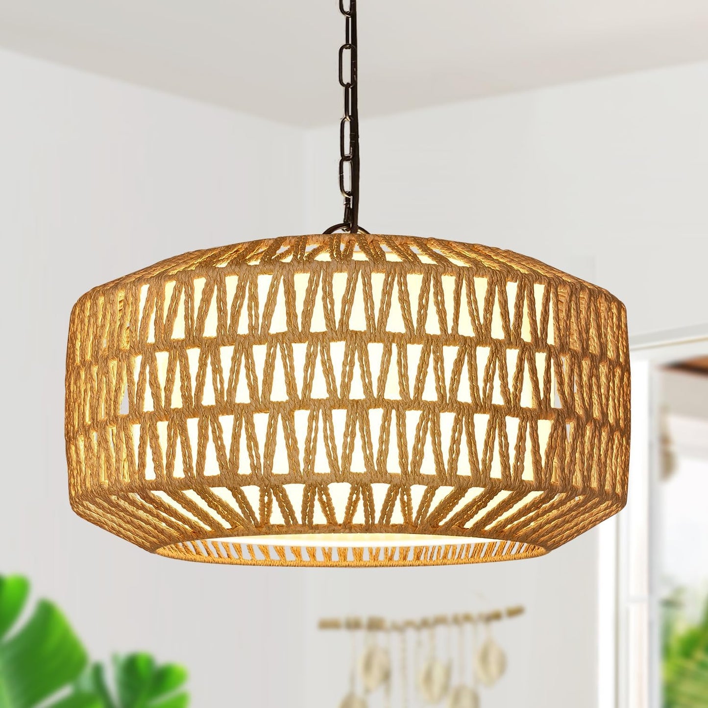 Farmhouse Chandelier Light Fixture, 5-Light Rattan Boho Chandeliers for Dining Room, Hand Woven Pendant Light with Linen Shade, Rustic Hanging Lighting for Kitchen Island, Bedroom (Bulb Not Included)