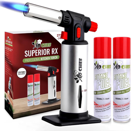 Jo Chef Kitchen Torch with Butane Included \u2013 Refillable butane torch Lighter with Safety Lock & Adjustable Flame, Culinary Blow Torch for Cooking, Creme Brulee and Soldering 2 Cans (3.38oz) Included