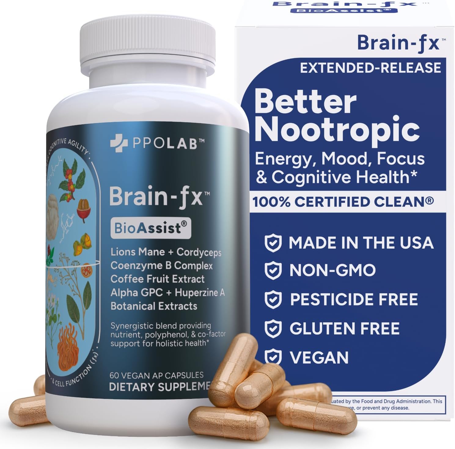 Brain-fx™ B Vitamins & Herbs for Memory and Focus, Nootropic Supplement, Methylated B Complex Choline Bacopa Lions Mane Cordyceps Mushroom Coffee Fruit Extract Alpha GPC L Theanine Huperzine A - 60ct