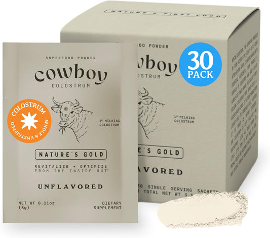 COWBOY COLOSTRUM Powder Travel Packs - Bovine Colostrum Powder - First Day Milking Whole Colostrum - Grass Fed Colostrum Supplement for Gut Health, Immunity, Skin & Hair (Unflavored, 30 Servings)