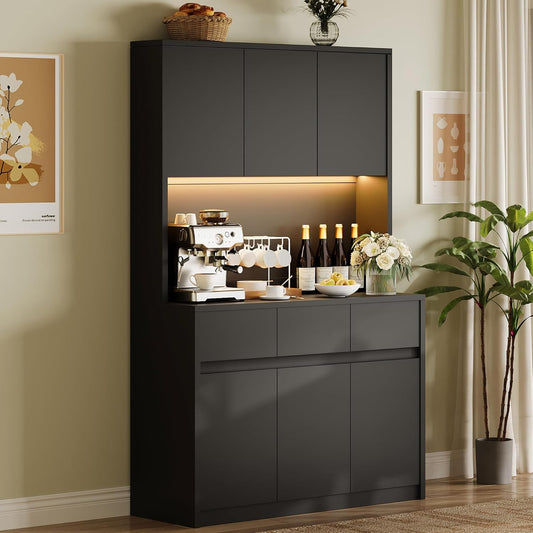 GarveeHome 71" Kitchen Pantry Cabinet, Kitchen Hutch Storage with Led Lights and Power Outlets, Buffet Cabinet with Microwave Stand, Adjustable Shelves, Handless Design, Black