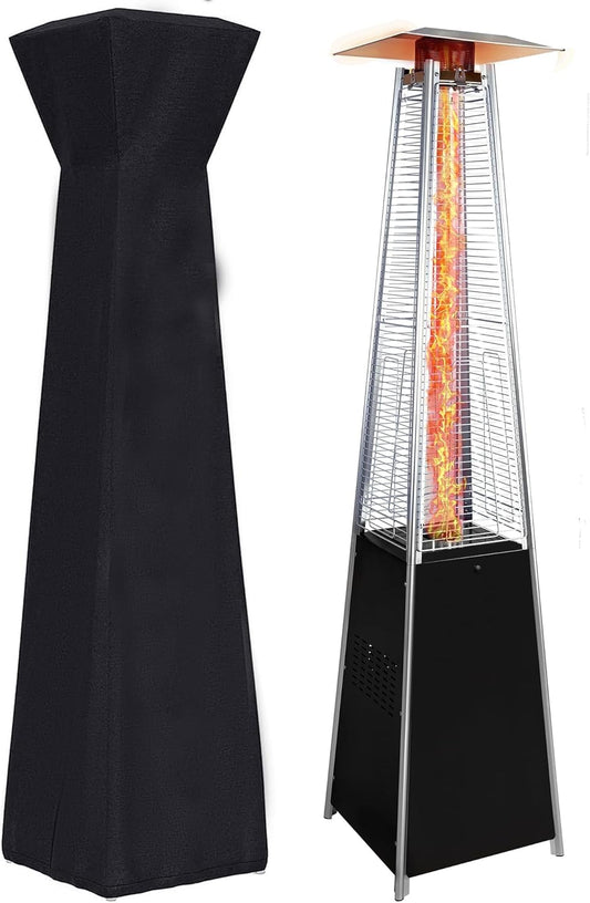 48,000 BTU Pyramid Patio Heater - Glass Tube Propane Outdoor Heater with Detachable Wheels & Weatherproof Cover & Triple Protection System for Home, Patio, Backyard, Garden, Pool, Black