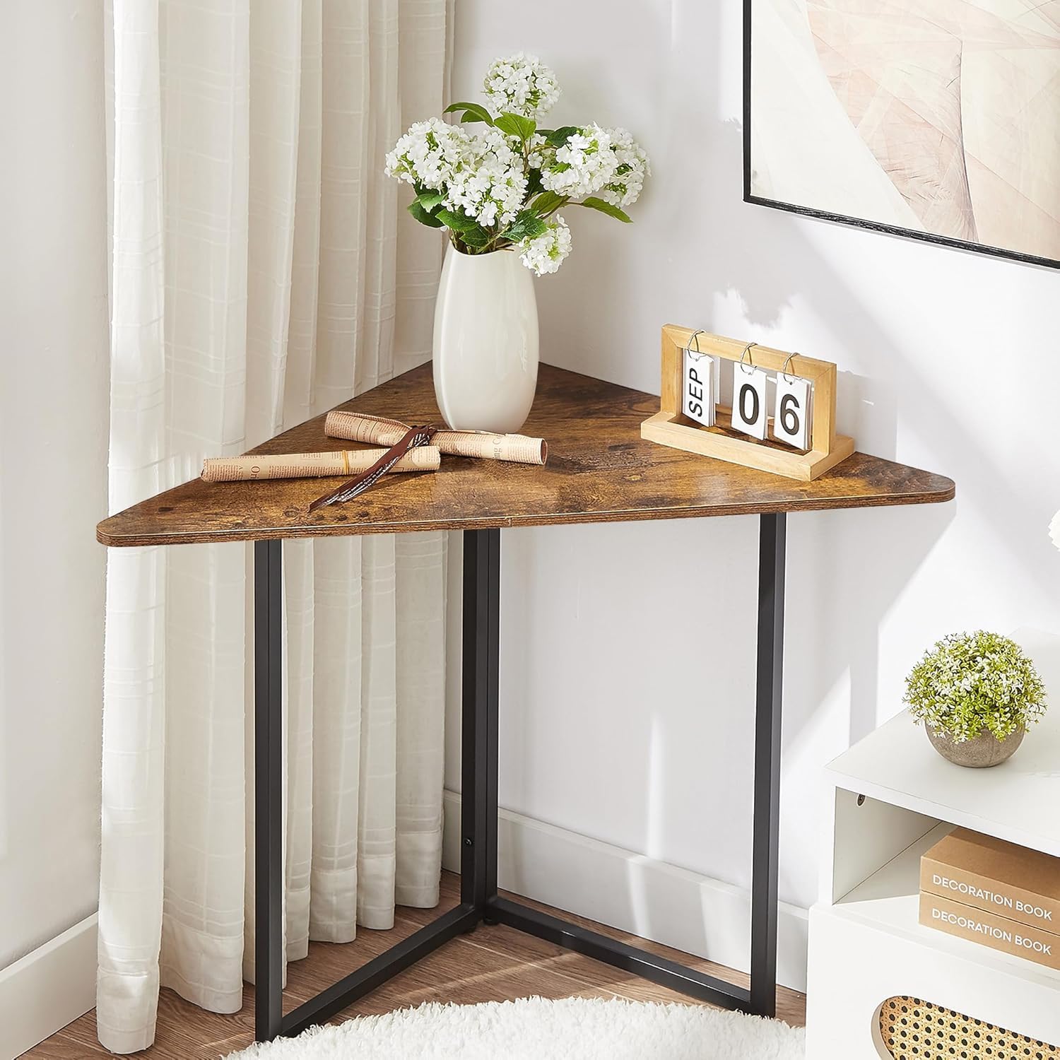 VECELO Corner Shelf, End Side Tables, Triangle Shelves with Metal Frame for Small Space, Living Room, Kitchen, Bathroom