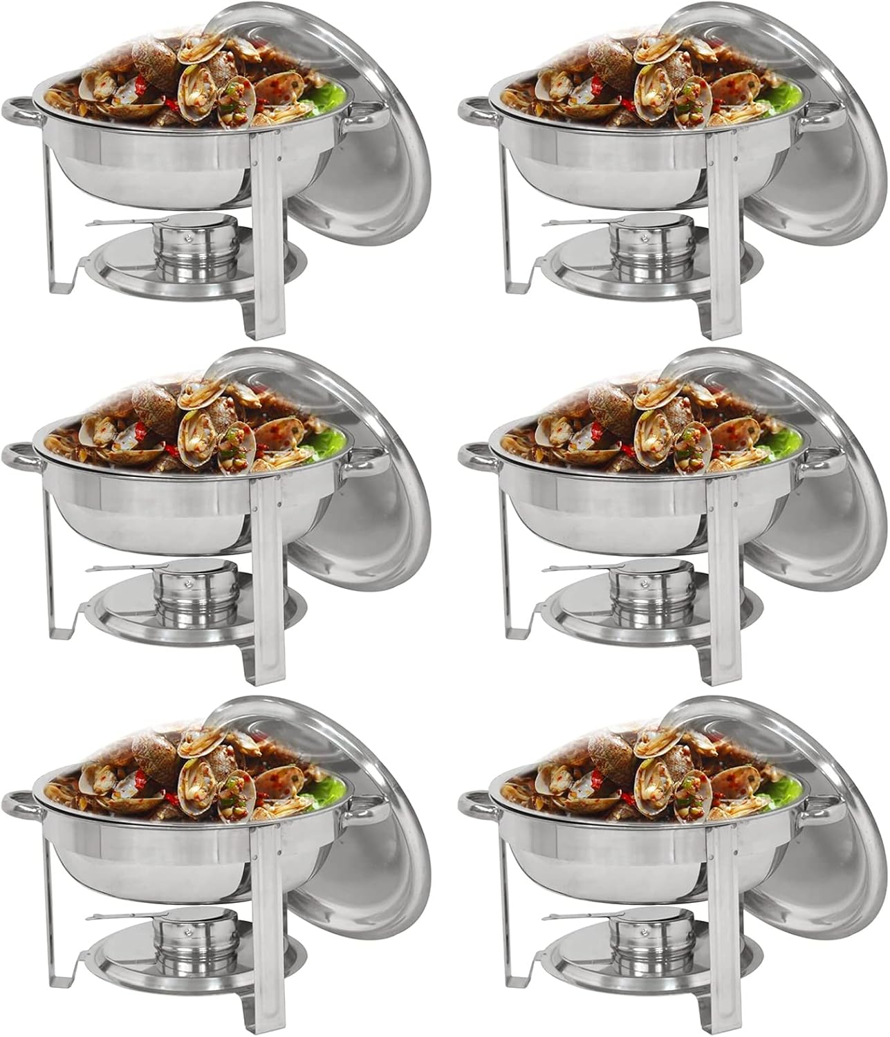 Round Hot Pot 6-Pack, 5-Pack Full Size Stainless Steel Buffet Warmer Set with Food Tray, Water Tray, Lid, Frame and Fuel Rack (Silver)