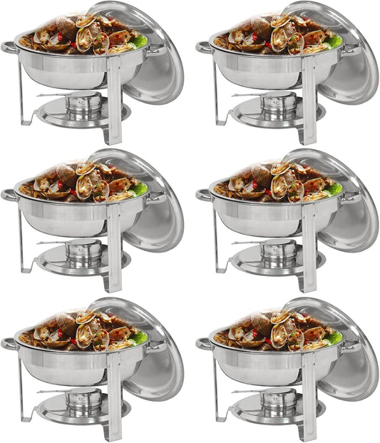 Round Hot Pot 6-Pack, 5-Pack Full Size Stainless Steel Buffet Warmer Set with Food Tray, Water Tray, Lid, Frame and Fuel Rack (Silver)