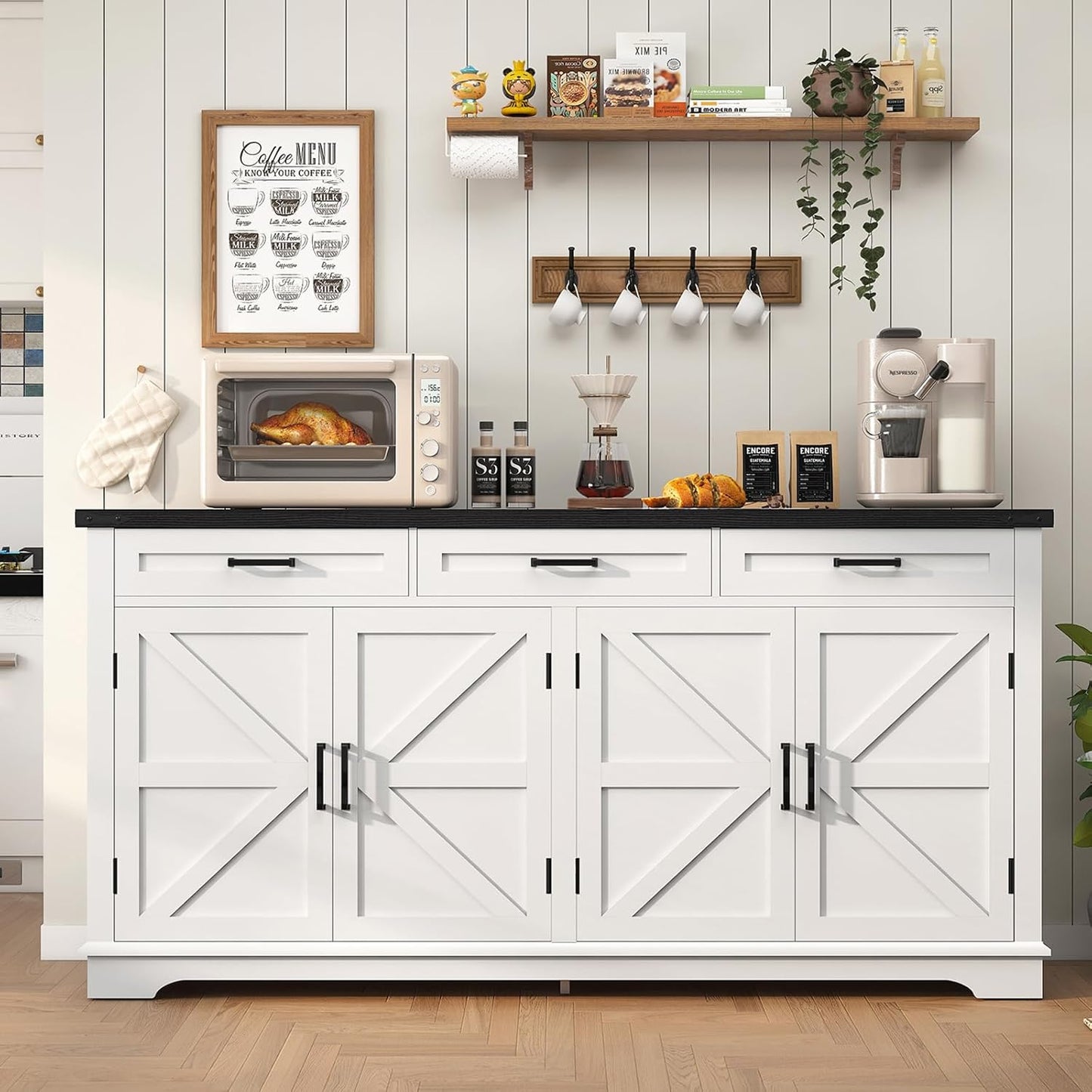 usikey 63\u201D Large Buffet Cabinet with 4 Doors and 3 Drawers, Farmhouse Buffet Sideboard Cabinet with Storage, Coffee Storage Cabinets for Living Room, White