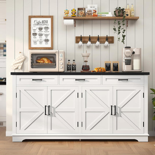 usikey 63\u201D Large Buffet Cabinet with 4 Doors and 3 Drawers, Farmhouse Buffet Sideboard Cabinet with Storage, Coffee Storage Cabinets for Living Room, White