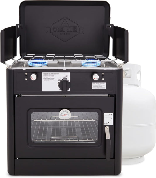 Hike Crew Outdoor Gas Camping Oven w\/Carry Bag | CSA Approved Portable Propane-Powered 2-Burner Stove & Auto Ignition, Overheat Safety Shutoff, Built-In Thermometer Hose Regulator Included