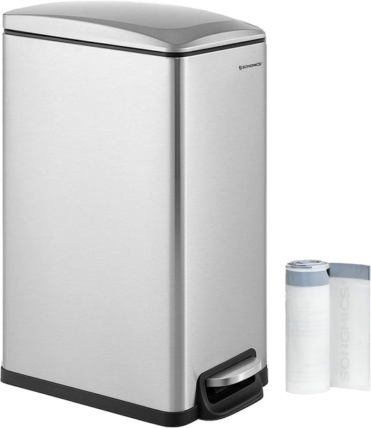 SONGMICS Slim Trash Can, 13-Gallon (50 L) Garbage Can for Narrow Spaces with Soft-Close Lid, Inner Bucket, and Step-on Pedal, Stainless Steel, 15 Trash Bags Included, Silver ULTB510E48