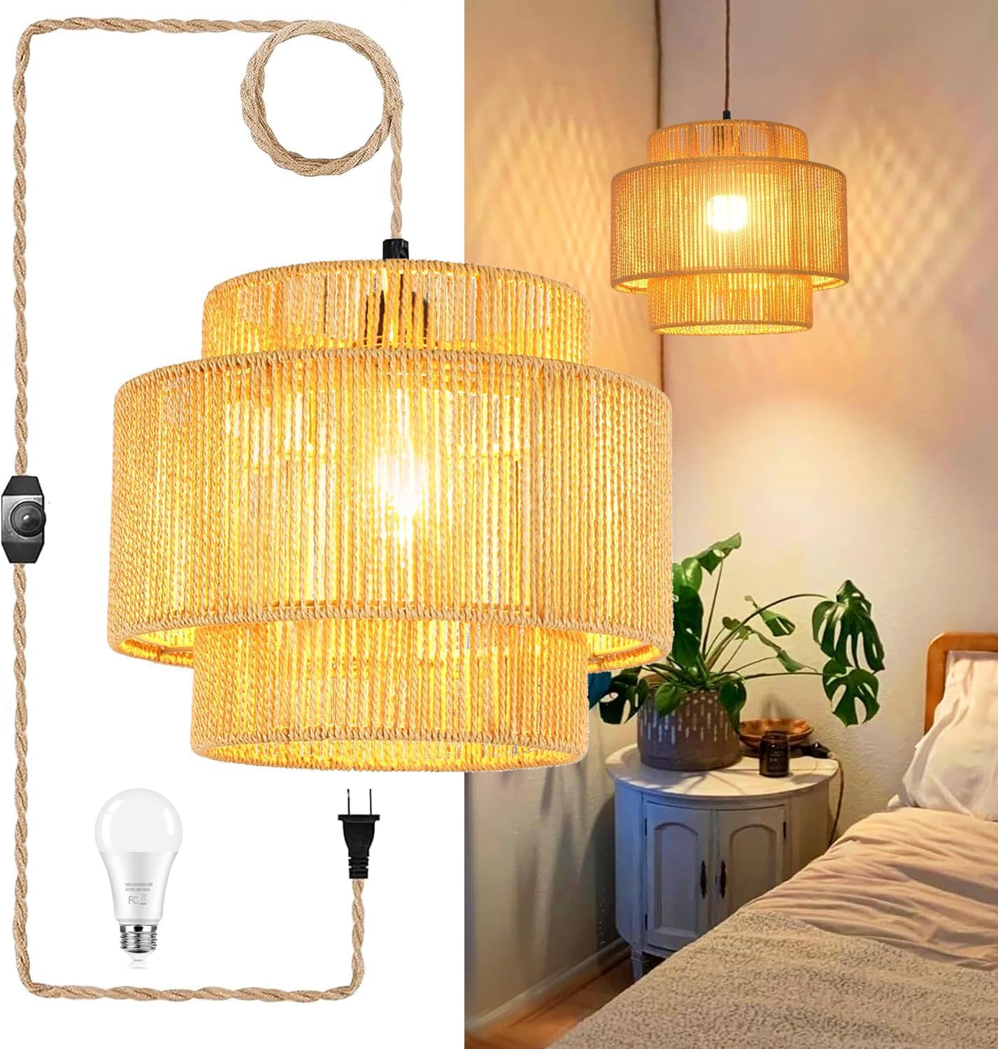 QIYIZM Plug in Pendant Light Hanging Lights with Plug in Cord Hanging Lamp Boho Rattan Dimmable Wicker Bamboo Woven Shade Hemp Rope Ceiling Light Fixture for Living Room Bedroom Kitchen