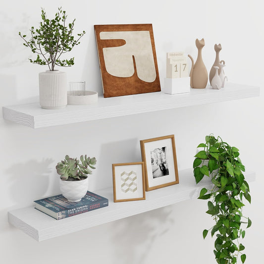 Natural Oak Floating Shelves for Wall, 36" W x 8" D x 1.2" H Wall Mounted Rustic Wooden Display Shelves for Living Room Bathroom Bedroom Kitchen with Heavy-Duty Bracket, White Finish, Set of 2
