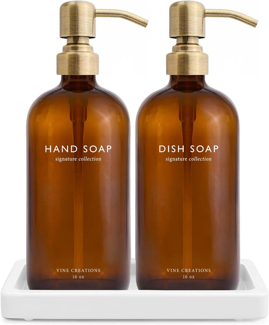 Vine Creations Amber Glass Soap Dispenser Set, Kitchen Soap Dispenser Set with Ceramic Tray, 16 oz Dish Soap and Hand Soap Dispensers with Stainless Steel Pump Decor (Amber Bottle\/Brushed Brass)
