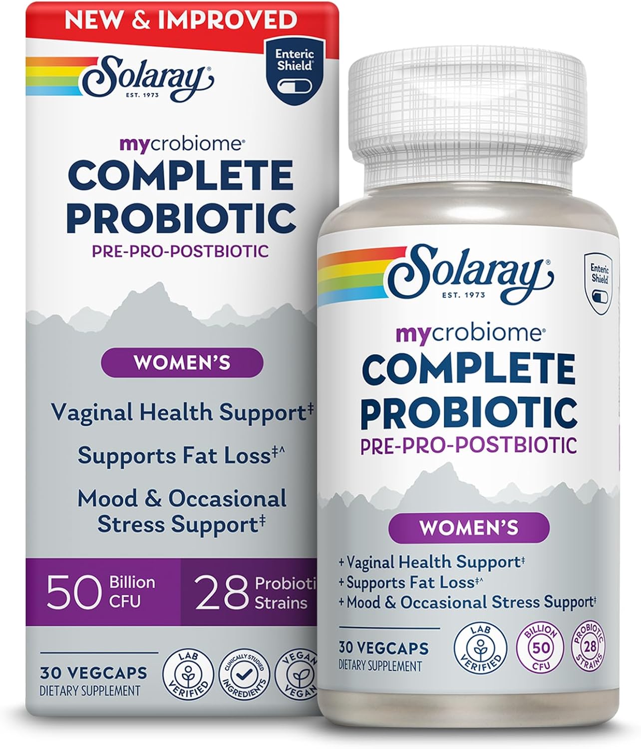 SOLARAY Mycrobiome Complete Probiotic Women\u2019s Formula - Vaginal Probiotics for Women Plus Pre and Postbiotic - 50 Billion CFU, 28 Strains - Vegan, Gluten Free - 30 Serv, 30 VegCaps