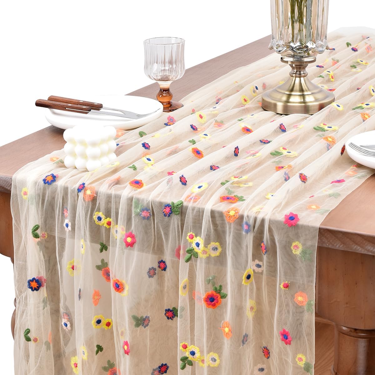 Joanlody 3pcs Champagne Embroidery Daisy Fall Table Runner 10ft Florals Seasonal Tulle Table Runner Holiday Kitchen Dining Table Decoration for Home Party Indoor
