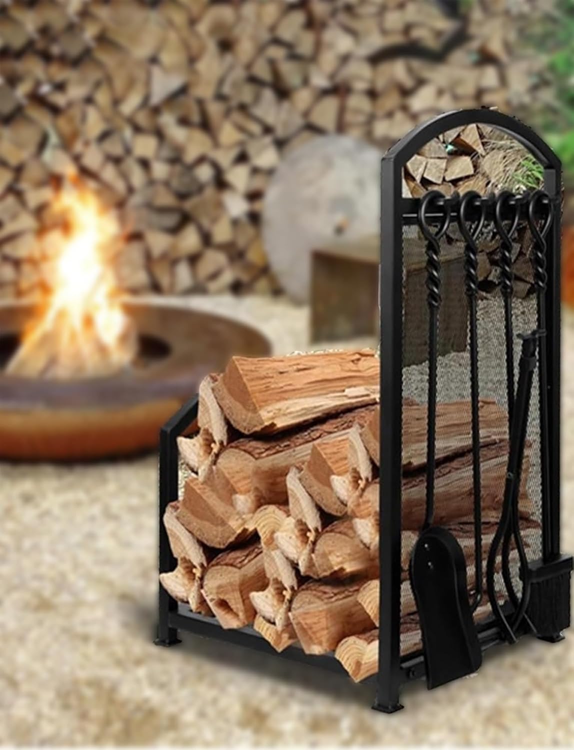 Firewood Rack Wood Rack,Fireplace Log Holder,Indoor Outdoor Fireside Wood Storage Kit with Fireplace Tools Set
