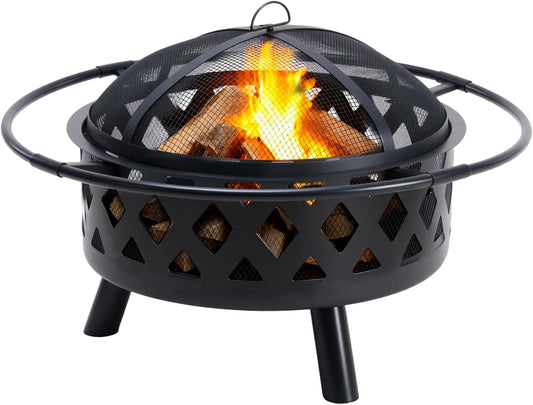 Smug 30 Inch Round Fire Pit, Wood Burning Fire Pits for Outside with Spark Cover Fire Poker, Outdoor Firepit for Patio, Backyard, Garden, Bonfire Party