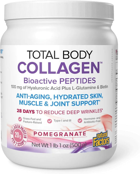 Natural Factors Total Body Collagen, Bioactive Peptides Powder for Healthy Skin, Hair & Joints, Pomegranate, 500 g