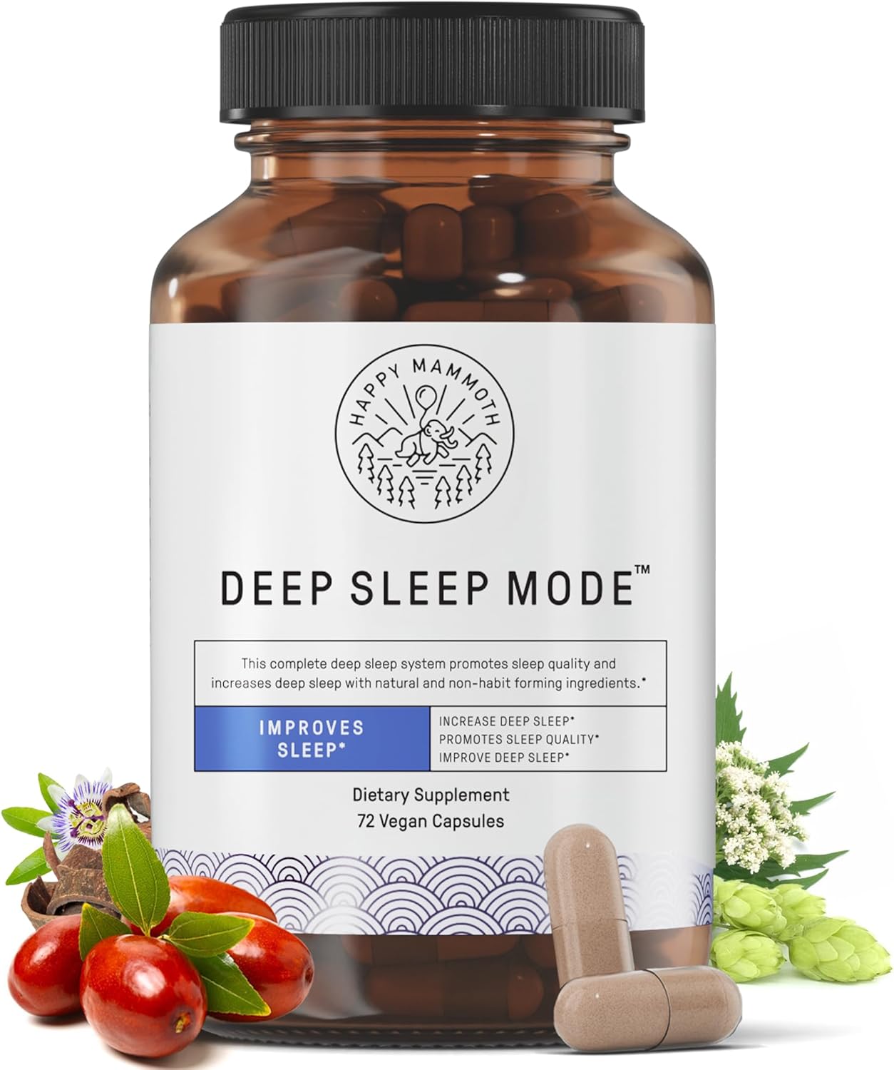 Happy Mammoth Deep Sleep Mode. Get A Perfect 7-9 Hours Sleep. Melatonin Free, Improves Sleep, Deeper Sleep, Less Waking Up. 3-in-1 Non-Habit-Forming Formula Calms The Nervous System for Better Sleep.