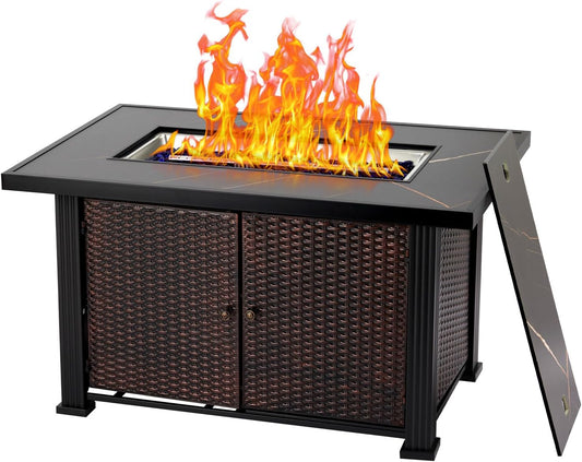 44 Inch Propane Gas FirePit Table, 50000BTU Outdoor Wicker Firepit Table with Lid, Storage Cabinet, Blue Glass, Rain Cover, 2 in 1 Outdoor Fireplace Table