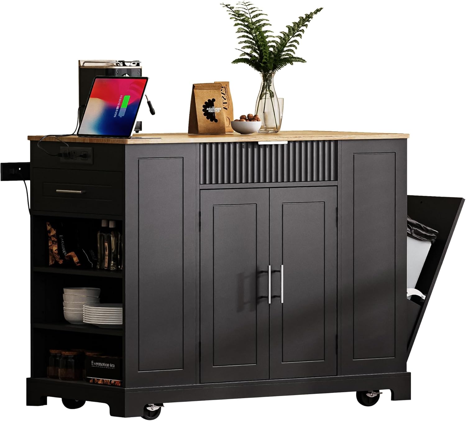 LUMISOL Kitchen Cart on Wheels with Trash Can Storage Cabinet, for 10 Gallon Garbage Bin, Rolling Kitchen Island with Internal Storage Rack, Power Outlet, 3 Drawers and Open Side Racks, Black