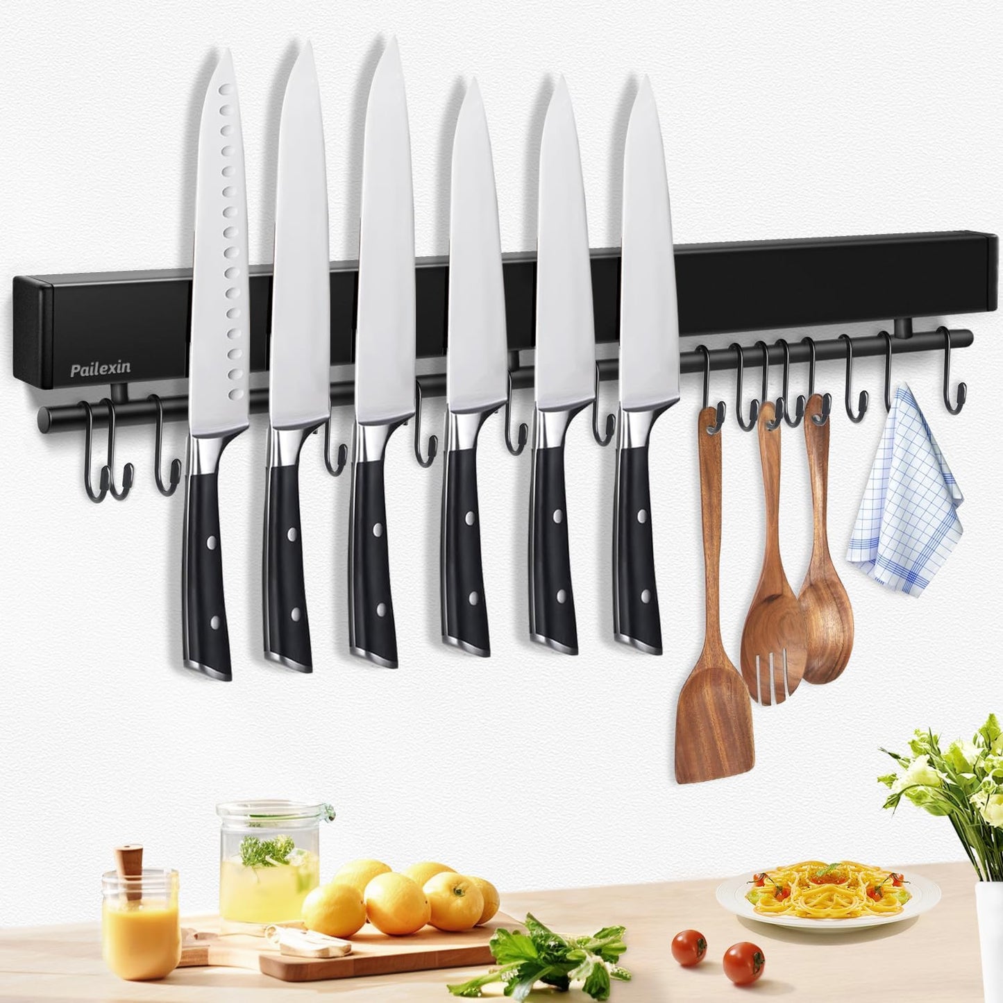 Pailexin 23 inch magnetic knife holder with 15 hooks, No Drilling black knife magnetic strip and utensil hanger for wall, Powerful knife magnet rack include tape and screws