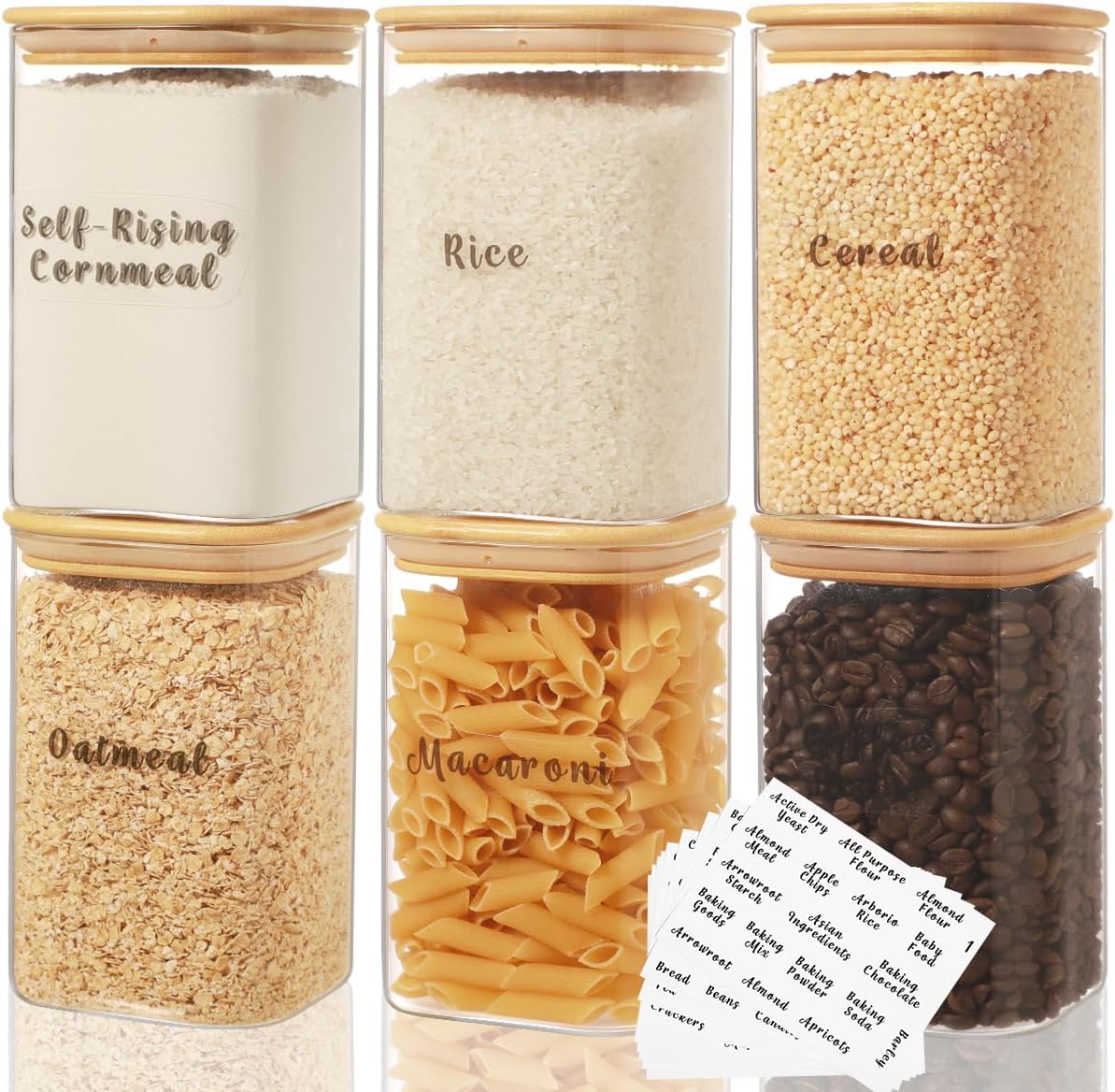 XOTAISM 6 Pcs Square Glass Pantry Storage Containers with Bamboo Airtight Lid and 248 Clear Pantry Labels Preprinted - 37oz Thicken Glass Food Storage Jars for Coffee, Cookie, Tea, Sugar, Spice