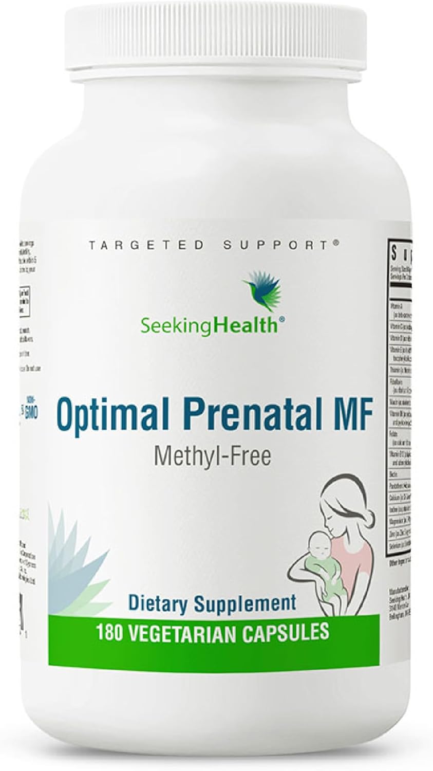 Seeking Health Optimal Prenatal Methyl-Free, Non-Methylated Folate and B12, Pregnancy Support, B6 and Ginger for Digestive Comfort, Supports Healthy Fetal Development, Vegetarian (180 Capsules)