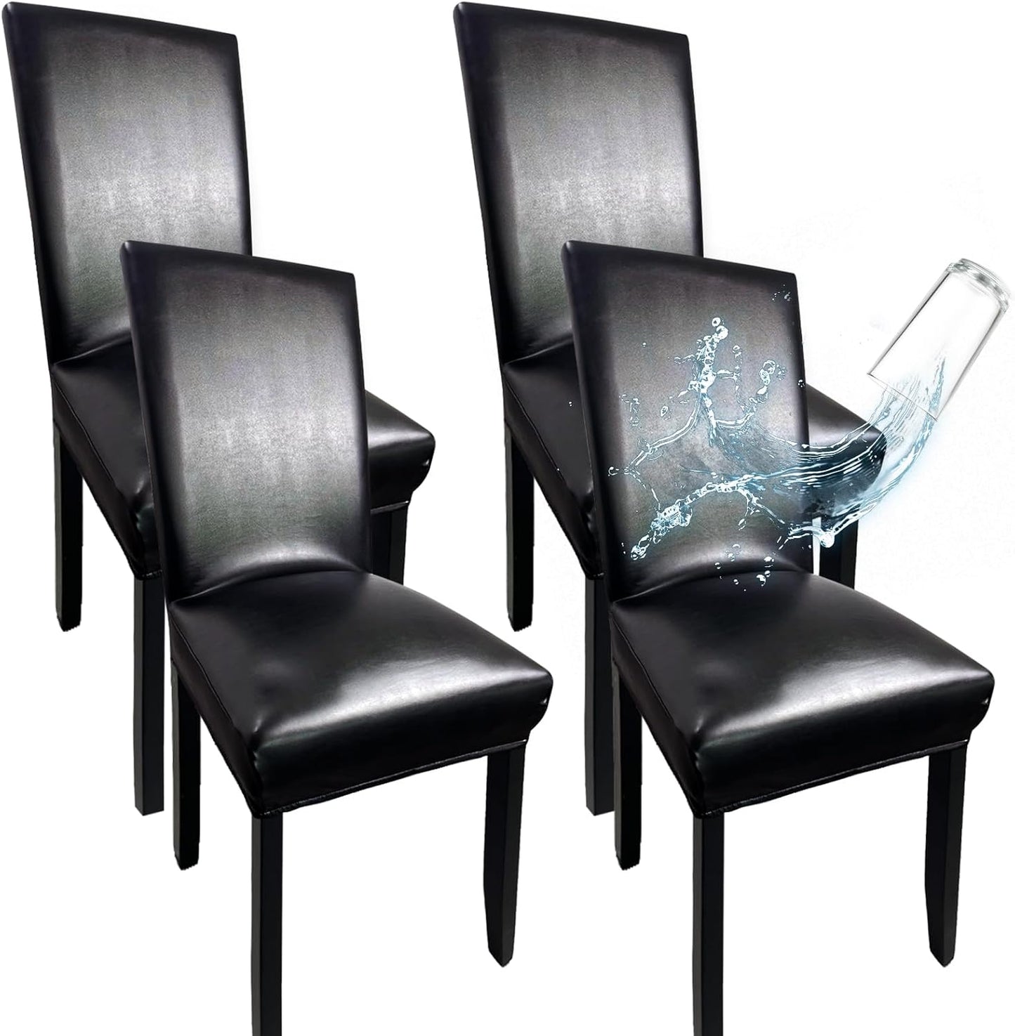 WUSOUPU Leather Chair Covers for Dining Chairs Set of 4, Super Stretch Waterproof Kitchen Chair Covers Thickened Washable Dining Chair Slipcovers Black Chair Seat Covers for Dining\/Kitchen\/Banquet
