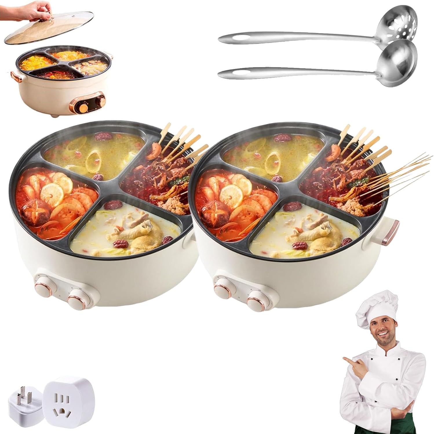 Olla Gerente De Cuatro Puestos,Non-stick 4 Grid Multifunctional Stew Pot, 6l Large Capacity Electric 4 Grid Electric Hot Pot, Independent Temperature Control, One Pot with 4 Flavors for Home Party (2)