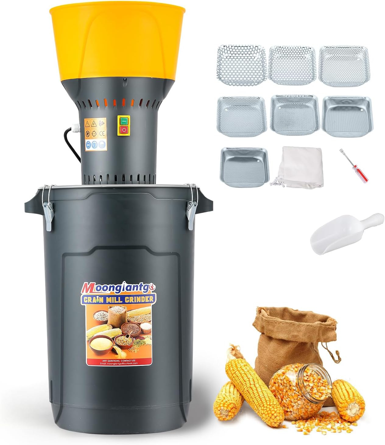 Moongiantgo 15.8Gal Grain Mill Grinder Electric Corn Grinder 1300W Feed Mill for Dry Cereals with 7 Sieves + 1 Socket Wrench + 1 Cloth Bag + 1 Shovel, Detachable 60L Bucket & Hopper, Molino de Maiz
