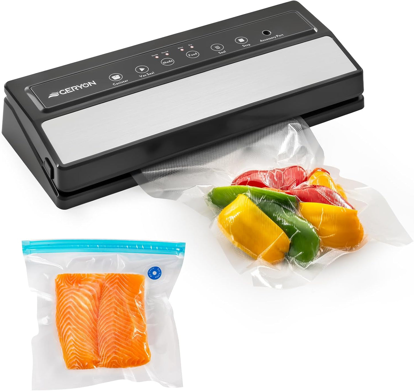 GERYON Vacuum Sealer Machine \u2013 Automatic Food Vacuum Sealer for Dry & Moist Food, Compact with LED Touch Panel, Includes Zipper Bags & Roll, Perfect for Sous Vide & Freezer Storage (Silver)