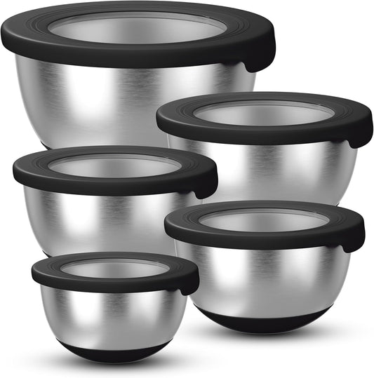 KITEISCAT Stainless Steel Mixing Bowls with Lids \u2013 Set of 5 Large Nesting Metal Bowls for Kitchen, Baking, Cooking, Food Prep & Storage, Non-Slip Base, Dishwasher Safe,Black
